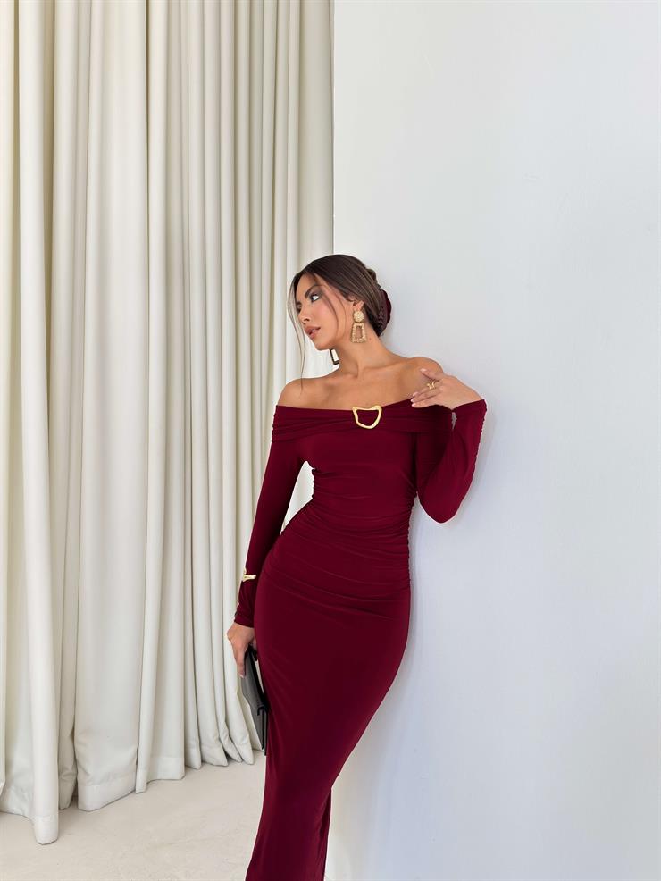 Omuz Detaylı Yırtmaçlı İren Bordo Kadın elbise 26K040