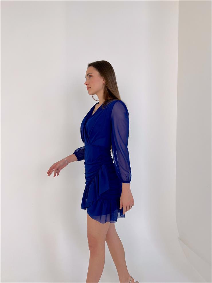 Kuruvaze Yaka Etek ucu Volanlı Şifon Irene Kadın Saks Mini Elbise 22K000130