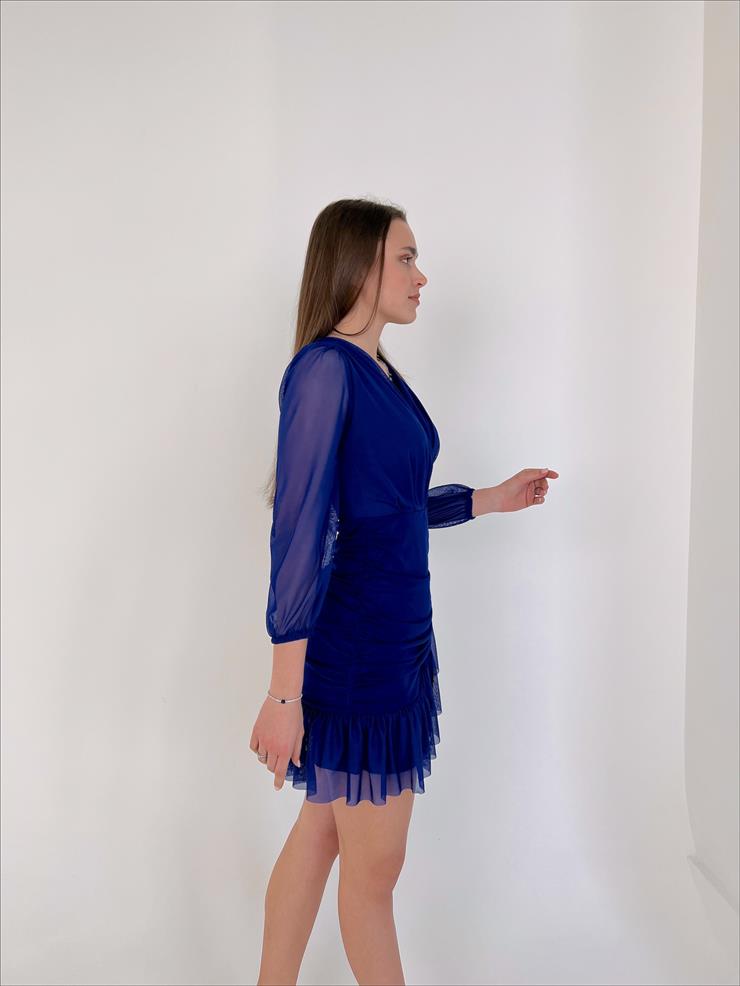 Kuruvaze Yaka Etek ucu Volanlı Şifon Irene Kadın Saks Mini Elbise 22K000130