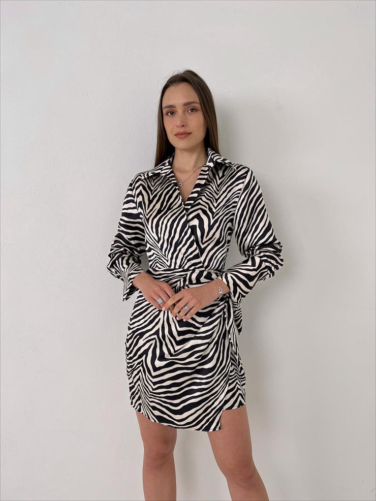 Kruvaze Gömlek Yaka Belden Bağlamalı Irina Kadın Zebra Desenli Saten Mini Elbise 23Y000070