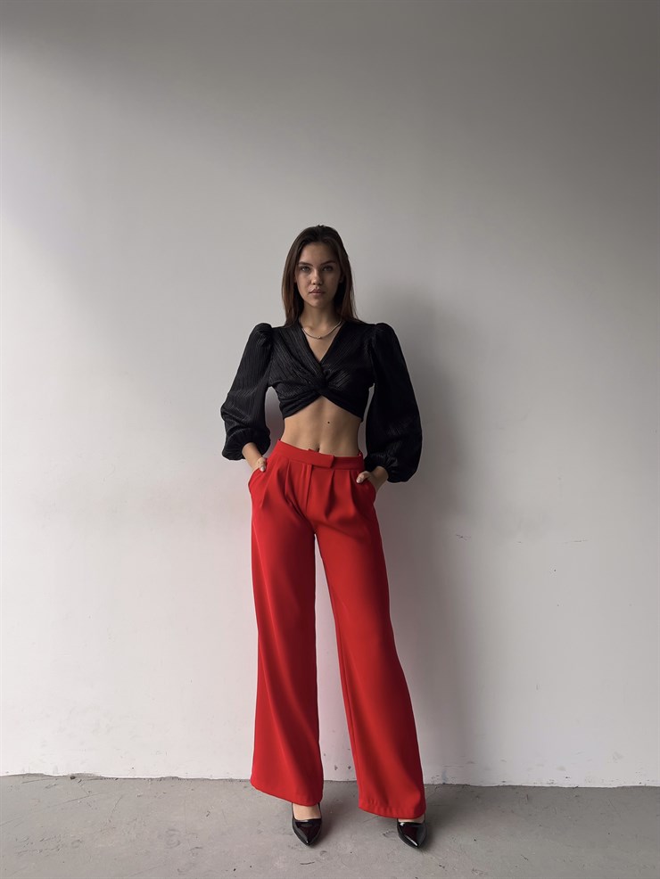 Yanları Cepli Geniş Paça Irina Kadın Kırmızı Pantolon 23K000316