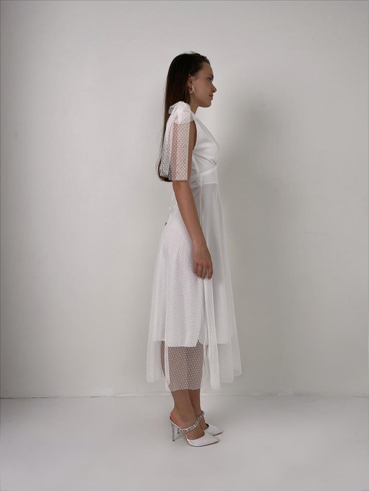 V Yaka Askısı Omuzdan Bağlamalı Arka Kısmı Dekolteli İriş Kadın Beyaz Tül Midi Elbise 23Y000096