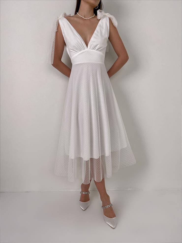 V Yaka Askısı Omuzdan Bağlamalı Arka Kısmı Dekolteli İriş Kadın Beyaz Tül Midi Elbise 23Y000096