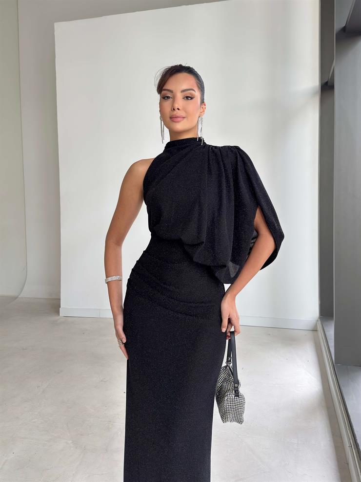 Parlak Simli Kumaş Drapeli Tek Omuz Irnila Siyah Kadın Elbise 26K338