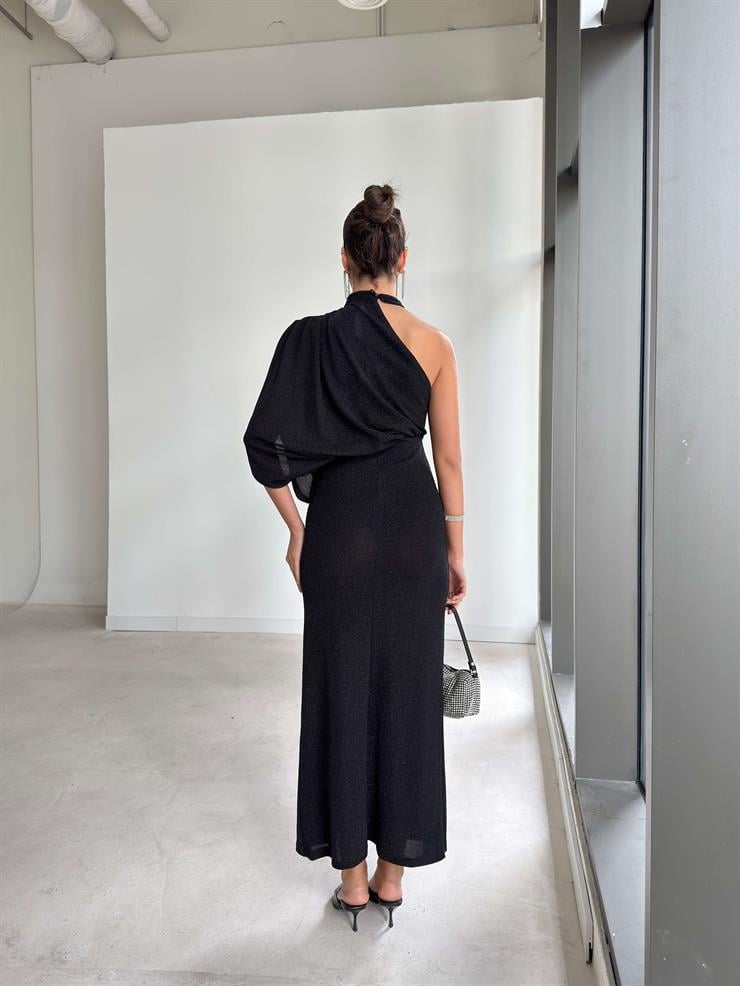 Parlak Simli Kumaş Drapeli Tek Omuz Irnila Siyah Kadın Elbise 26K338