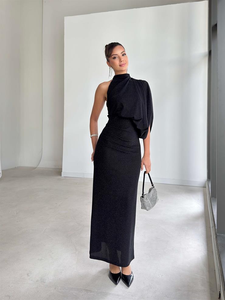 Parlak Simli Kumaş Drapeli Tek Omuz Irnila Siyah Kadın Elbise 26K338