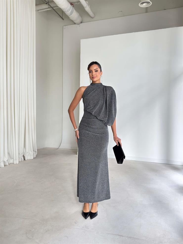 Parlak Simli Kumaş Drapeli Tek Omuz Irnila Gümüş Kadın Elbise 26K338