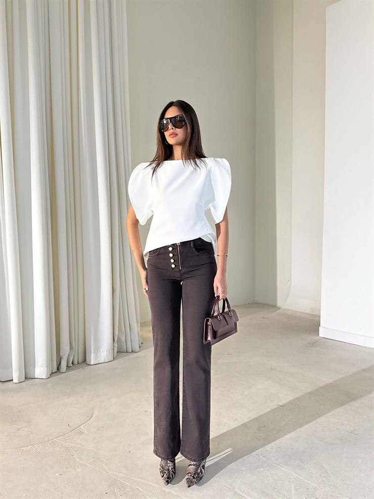 Düğme Detaylı Fermuarlı İrona Kahve Kadın Jean 26K408