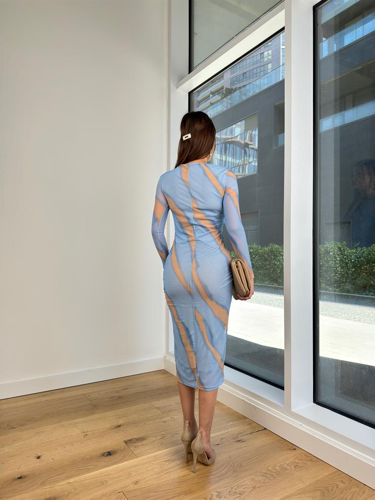 Omuz Ve Bel Kısmı Drapeli Uzun Tül Kol Irvin Kadın Desenli Mavi Midi Elbise 24Y595