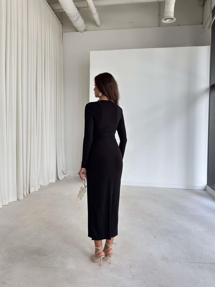Aksesuarlı Kruvaze Kesim Drape Detaylı Irving Siyah Kadın Elbise 26K249