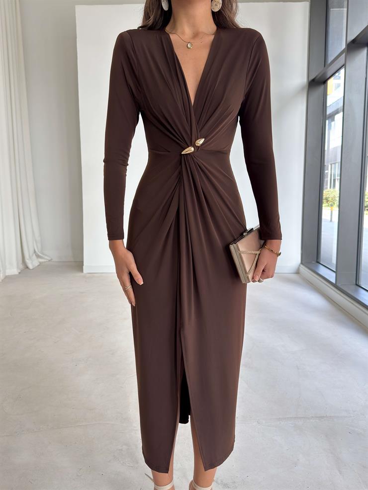 Aksesuarlı Kruvaze Kesim Drape Detaylı Irving Kahve Kadın Elbise 26K249
