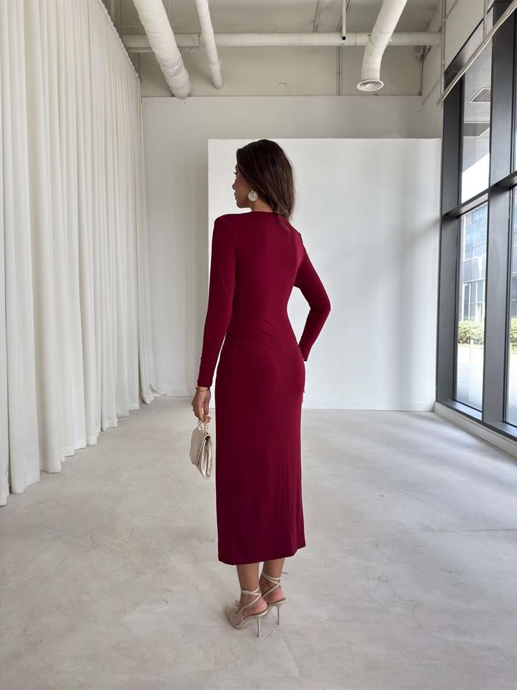 Aksesuarlı Kruvaze Kesim Drape Detaylı Irving Bordo Kadın Elbise 26K249