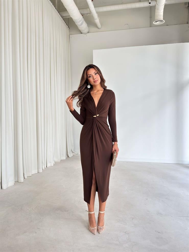 Aksesuarlı Kruvaze Kesim Drape Detaylı Irving Kahve Kadın Elbise 26K249