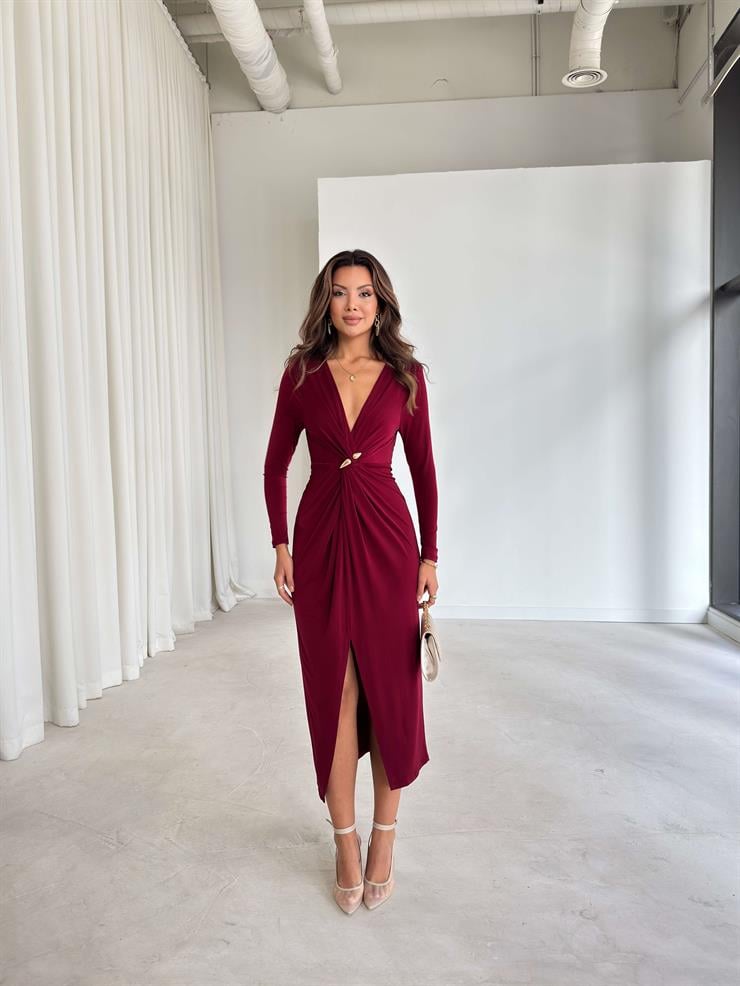 Aksesuarlı Kruvaze Kesim Drape Detaylı Irving Bordo Kadın Elbise 26K249