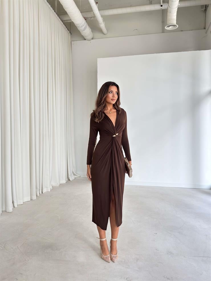 Aksesuarlı Kruvaze Kesim Drape Detaylı Irving Kahve Kadın Elbise 26K249