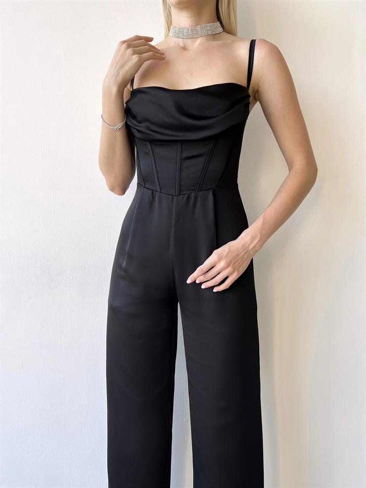 İnce Askılı Dökümlü Yaka Korse Detaylı Isadora Kadın Siyah Tulum 23Y000369