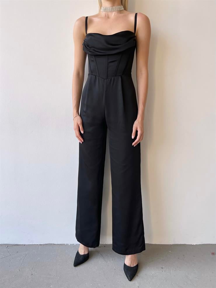 İnce Askılı Dökümlü Yaka Korse Detaylı Isadora Kadın Siyah Tulum 23Y000369