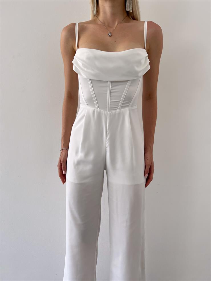 İnce Askılı Dökümlü Yaka Korse Detaylı Isadora Kadın Beyaz Tulum 23Y000369