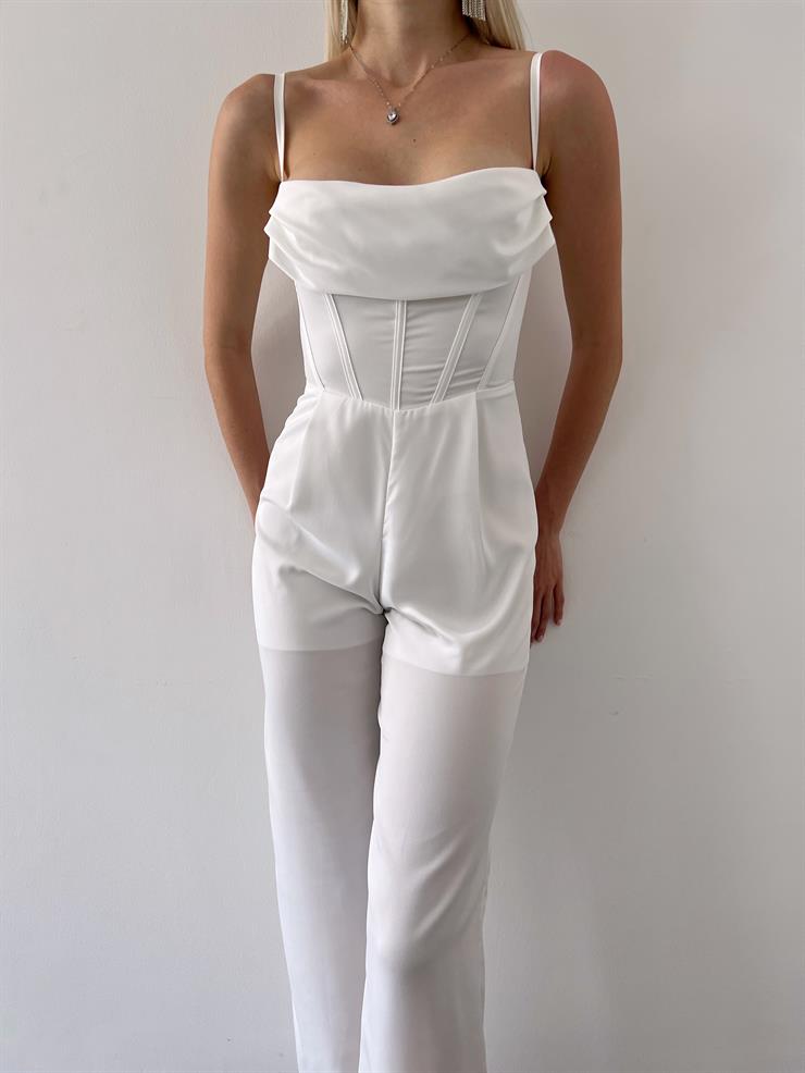 İnce Askılı Dökümlü Yaka Korse Detaylı Isadora Kadın Beyaz Tulum 23Y000369