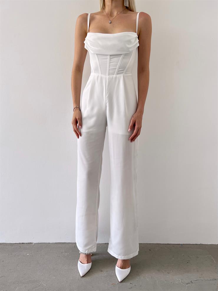 İnce Askılı Dökümlü Yaka Korse Detaylı Isadora Kadın Beyaz Tulum 23Y000369