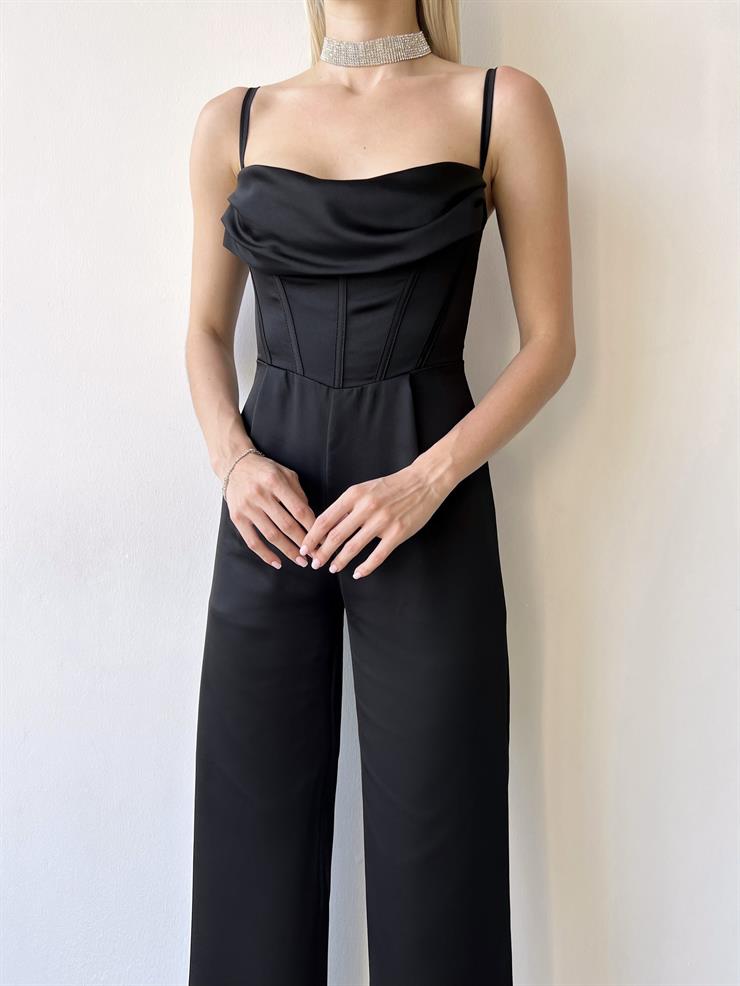 İnce Askılı Dökümlü Yaka Korse Detaylı Isadora Kadın Siyah Tulum 23Y000369