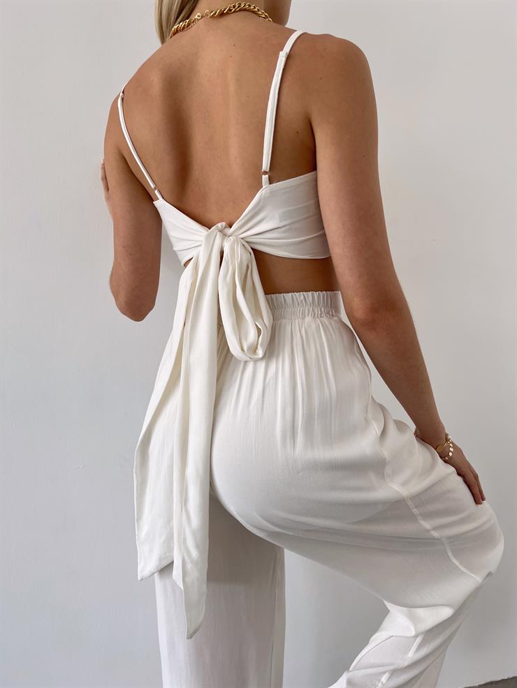 İnce Askılı Önü Düğüm Detaylı Crop Yüksek Bel Bol Paça Pantolon Isla Kadın Ekru Takım 23Y000394