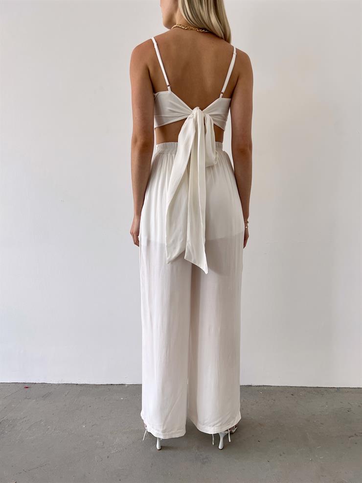 İnce Askılı Önü Düğüm Detaylı Crop Yüksek Bel Bol Paça Pantolon Isla Kadın Ekru Takım 23Y000394