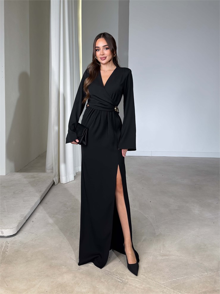 V Yaka Yırtmaçlı Geniş Kol Siyah İven Kadın Elbise 26Y689
