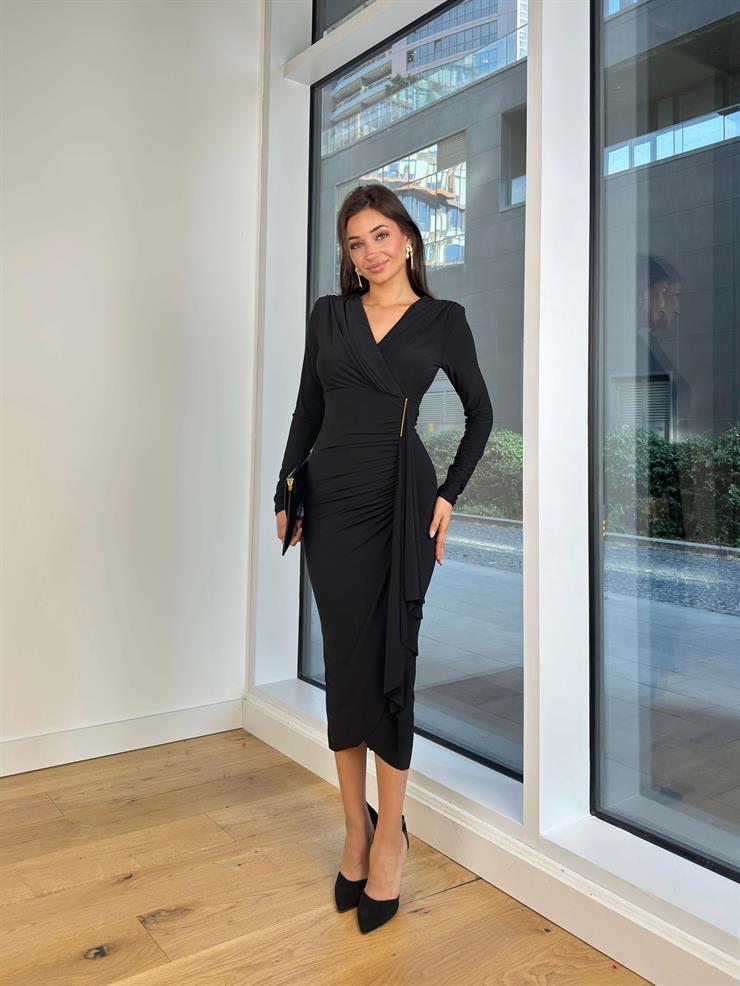 Uzun Kol Kruvaze Yaka Drapeli İveta Siyah Kadın Midi Elbise 25K182