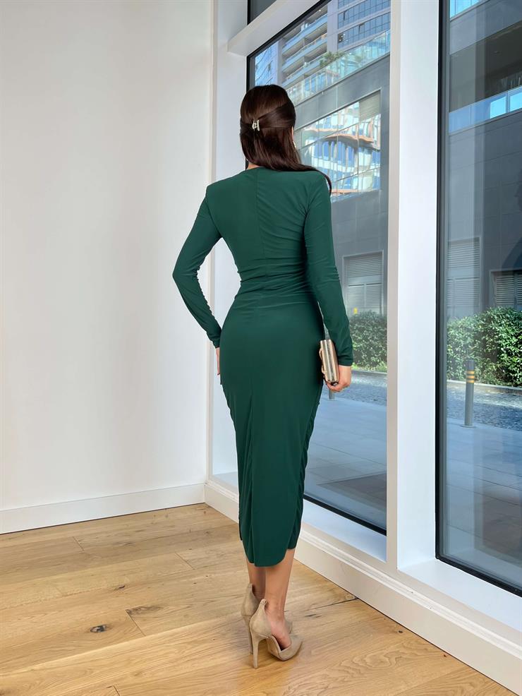 Uzun Kol Kruvaze Yaka Drapeli İveta Zümrüt Kadın Midi Elbise 25K182