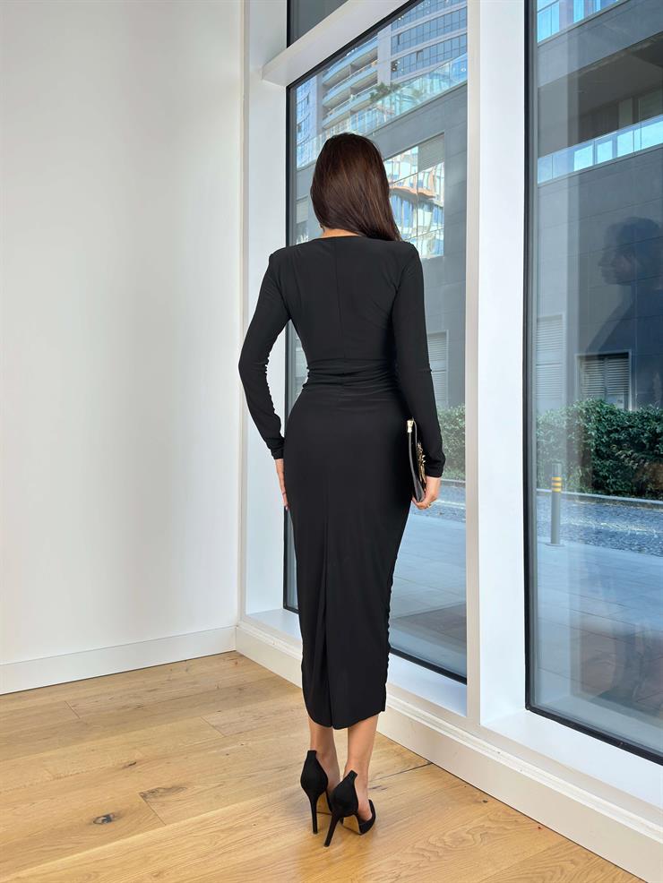Uzun Kol Kruvaze Yaka Drapeli İveta Siyah Kadın Midi Elbise 25K182