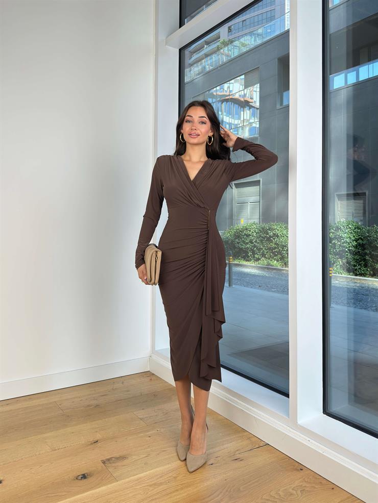Uzun Kol Kruvaze Yaka Drapeli İveta Kahve Kadın Midi Elbise 25K182