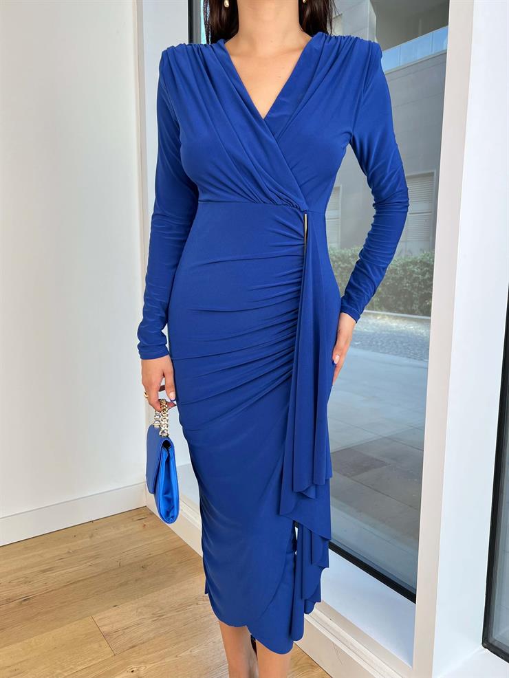 Uzun Kol Kruvaze Yaka Drapeli İveta Saks Kadın Midi Elbise 25K182