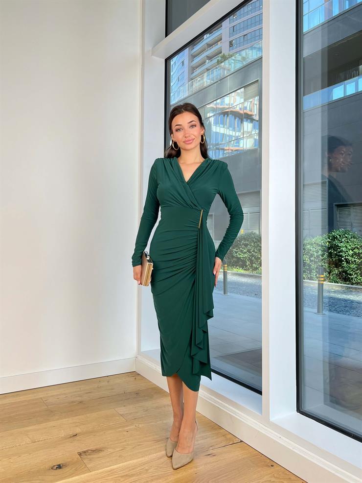 Uzun Kol Kruvaze Yaka Drapeli İveta Zümrüt Kadın Midi Elbise 25K182