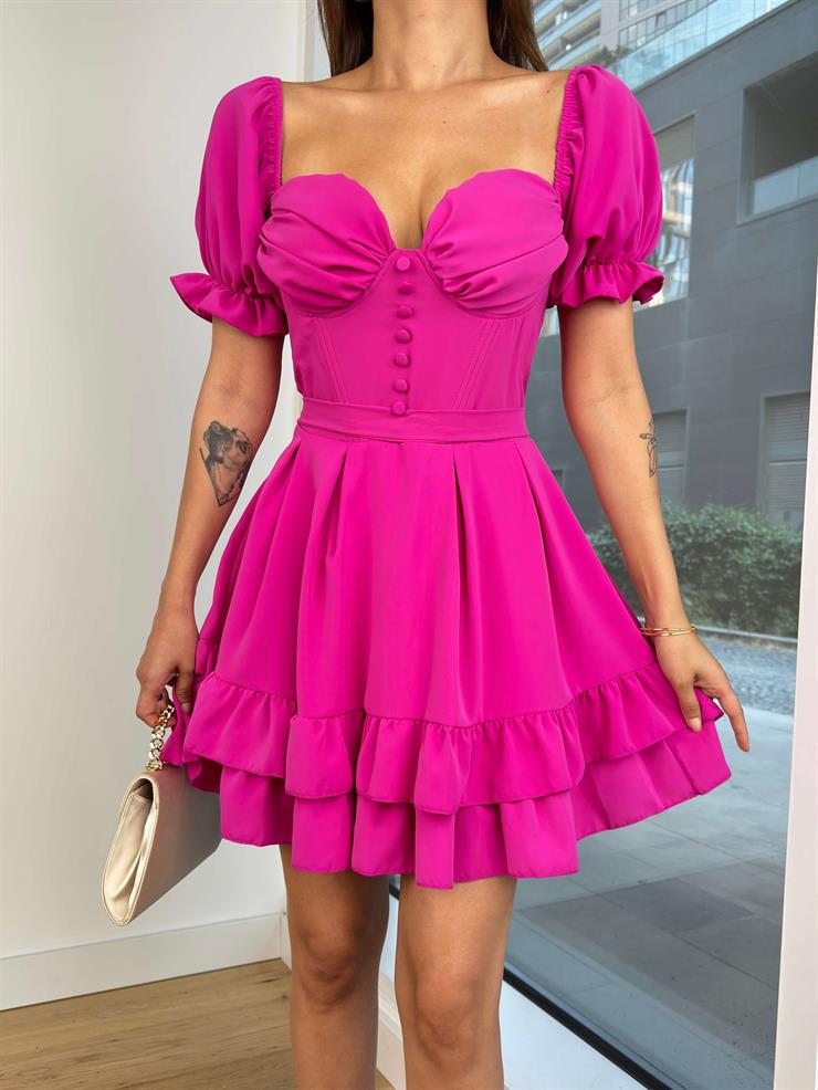 Göğüs Kısmı Büzgülü Önü Düğme Detaylı Balon Kol Ivo Kadın Pembe Mini Elbise 24Y803