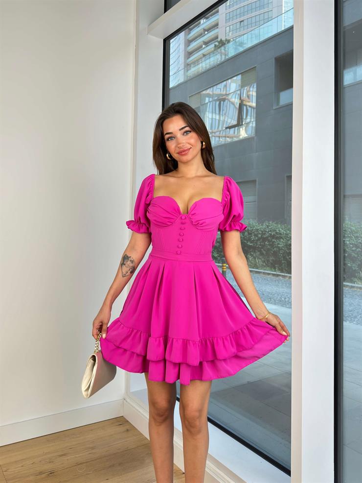 Göğüs Kısmı Büzgülü Önü Düğme Detaylı Balon Kol Ivo Kadın Pembe Mini Elbise 24Y803