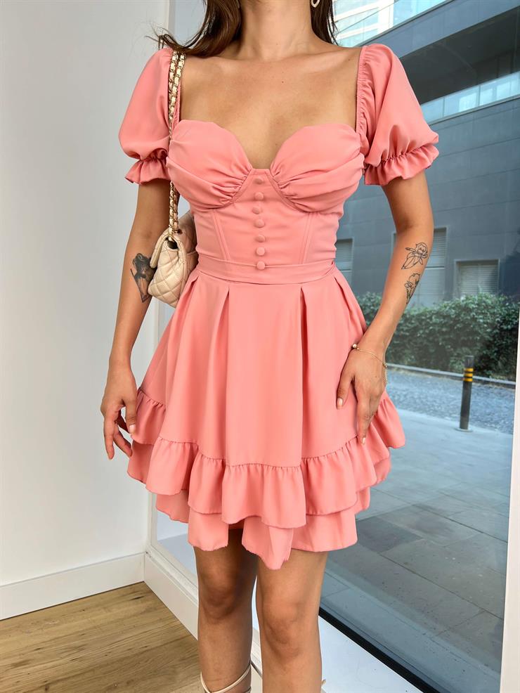 Göğüs Kısmı Büzgülü Önü Düğme Detaylı Balon Kol Ivo Kadın Pudra Mini Elbise 24Y803