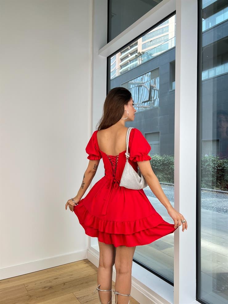 Göğüs Kısmı Büzgülü Önü Düğme Detaylı Balon Kol Ivo Kadın Kırmızı Mini Elbise 24Y803
