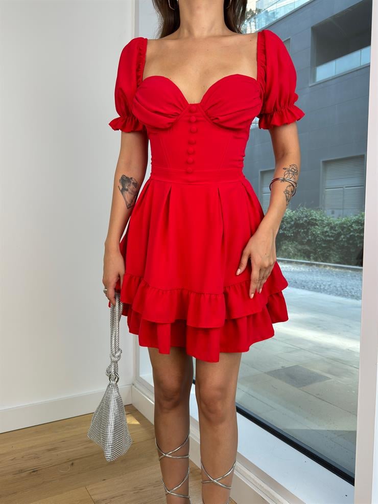 Göğüs Kısmı Büzgülü Önü Düğme Detaylı Balon Kol Ivo Kadın Kırmızı Mini Elbise 24Y803