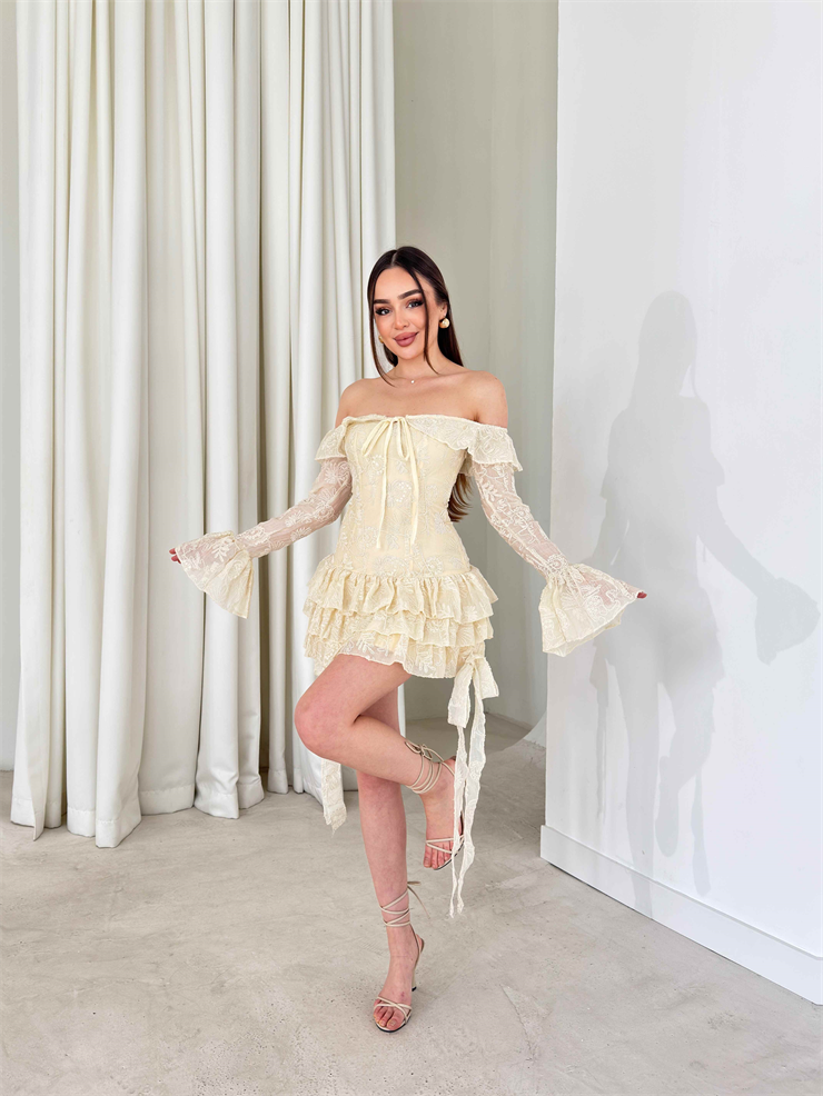 Eteği Katlı Pileli Yandan İpli Dantelli Mini İvran Ekru Kadın Elbise 26Y120