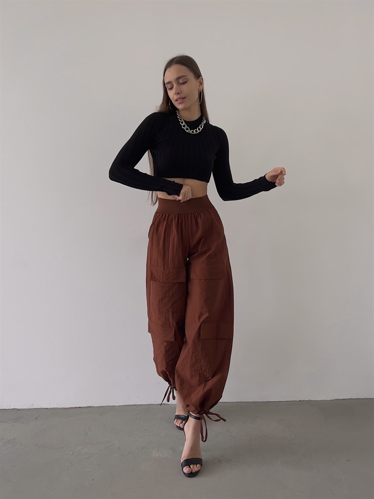 Beli Lastik Paçası Ayarlanabilir İp Bağlamalı Iyanna Kadın Kahve Paraşüt Pantolon 23K000213