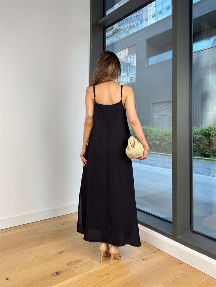 Askılı V Yaka İyır Siyah Kadın Elbise 25Y373