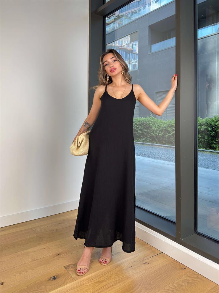 Askılı V Yaka İyır Siyah Kadın Elbise 25Y373