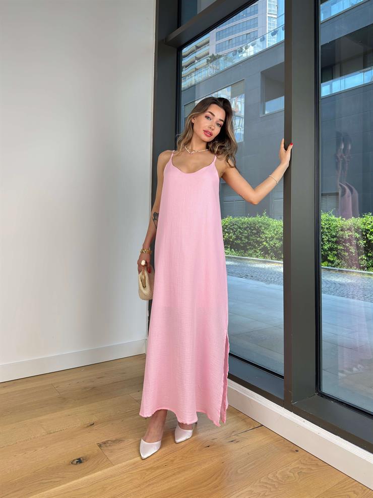 Askılı V Yaka İyır Pembe Kadın Elbise 25Y373