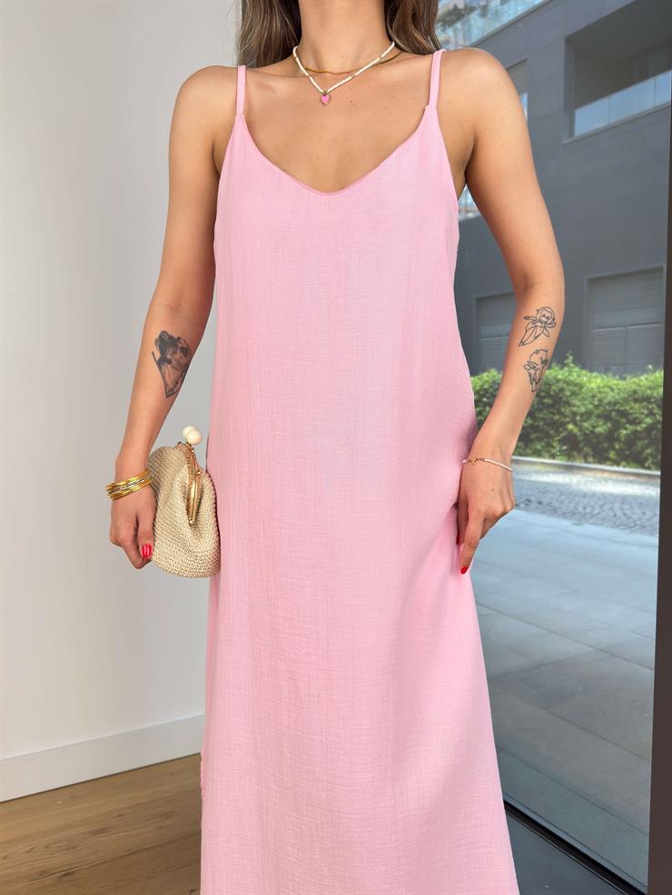 Askılı V Yaka İyır Pembe Kadın Elbise 25Y373