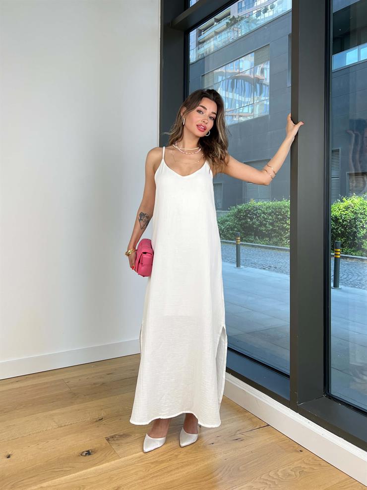 Askılı V Yaka İyır Ekru Kadın Elbise 25Y373