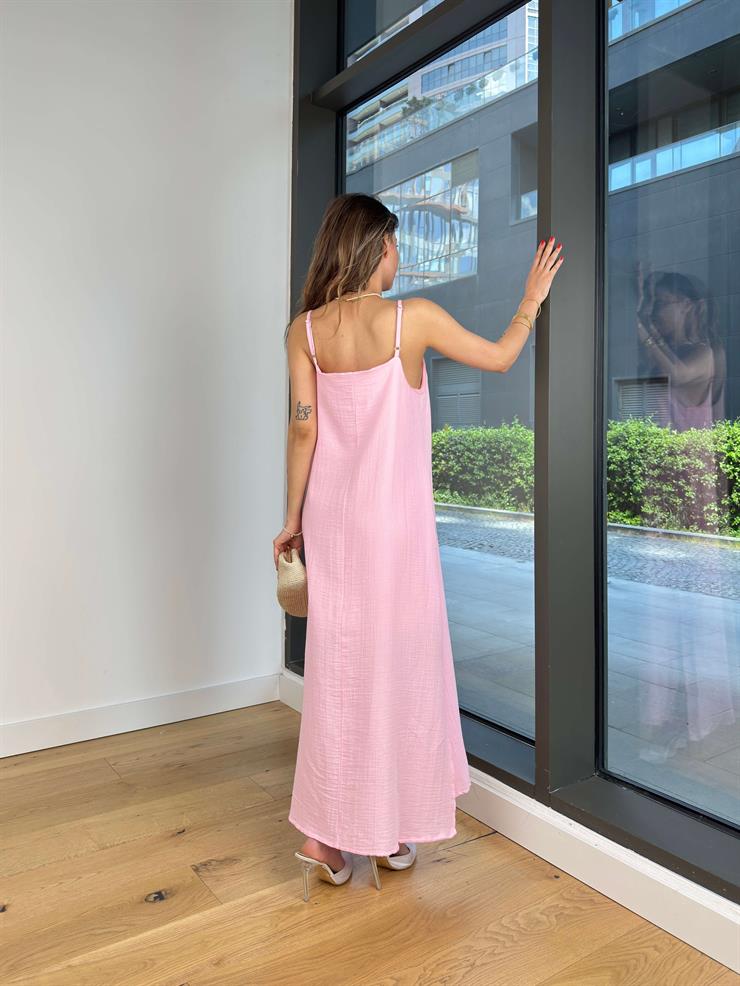 Askılı V Yaka İyır Pembe Kadın Elbise 25Y373