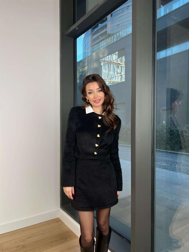 Kalpli Düğmeli Hırka Mini Etek İzabel Kadın Siyah Takım 24k411