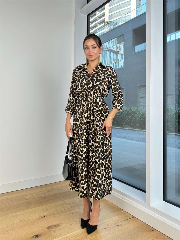 Düğme Kapamalı Belden Kuşaklı Iztok Kadın Renkli Leopar Desenli Elbise 25K043