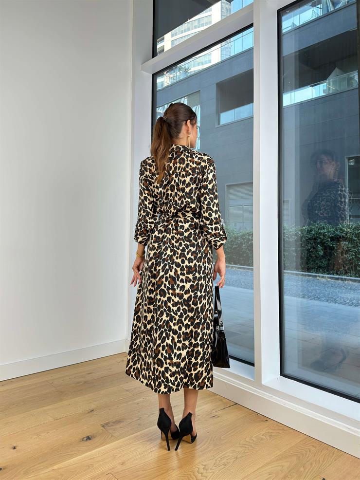 Düğme Kapamalı Belden Kuşaklı Iztok Kadın Renkli Leopar Desenli Elbise 25K043
